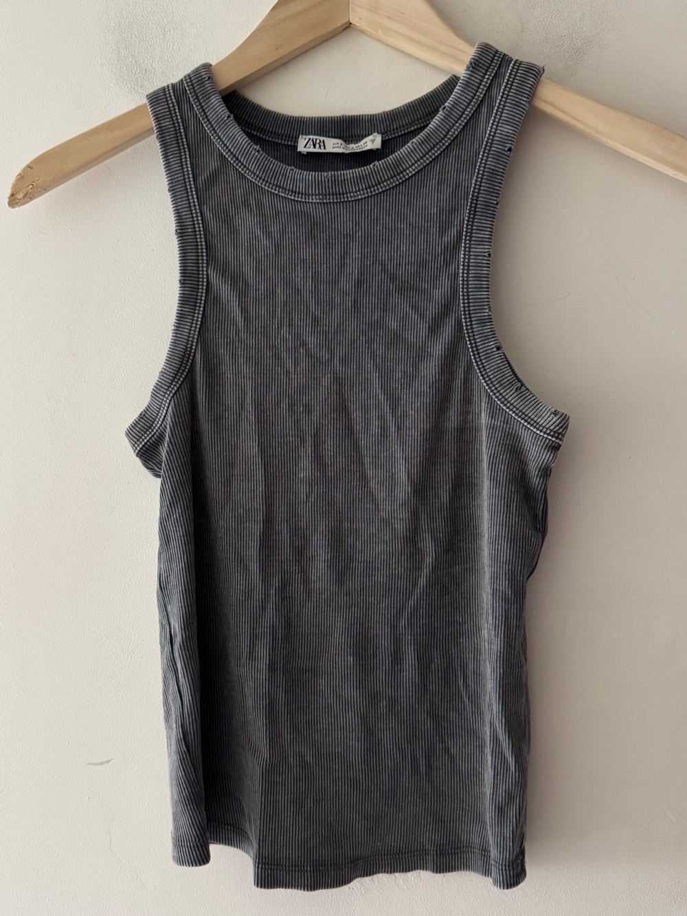 Zara Washed Gray Ribbed Distressed Tank Top